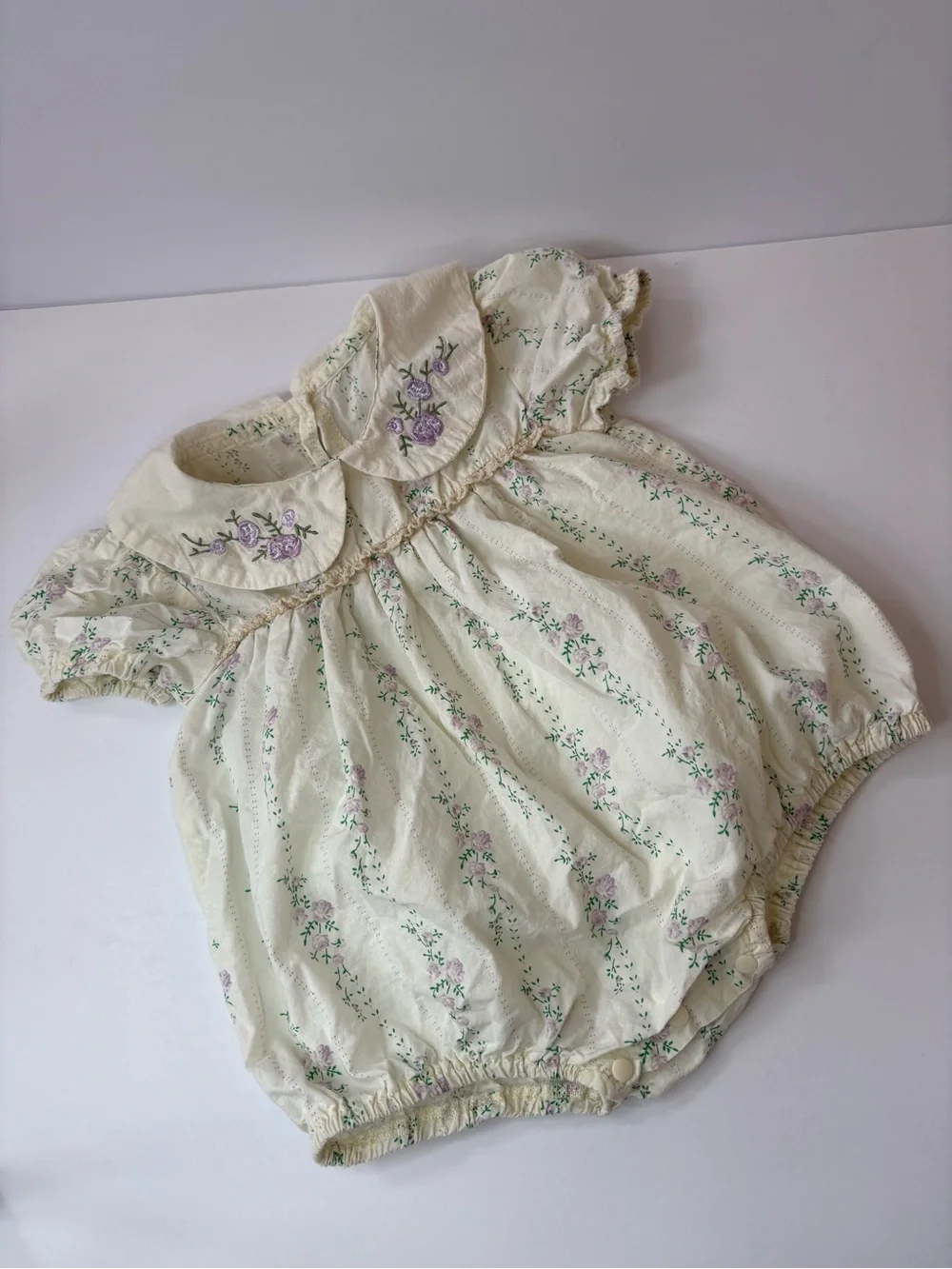 Summer Babygirl Cream Purple Embroidery Floral Short Sleeve Thin bodysuit 12/24M